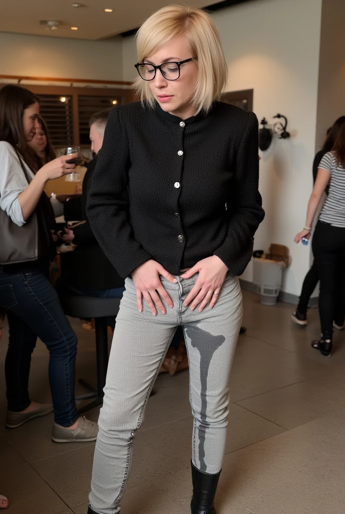 Girl with pink hair, Bob haircut, in tight cropped pink satin trousers, urinates in his pants, urine dripping down her legs, There is a wet spot on the pants in the sagging, She loves to pee in her pants, stands in a sexy position
