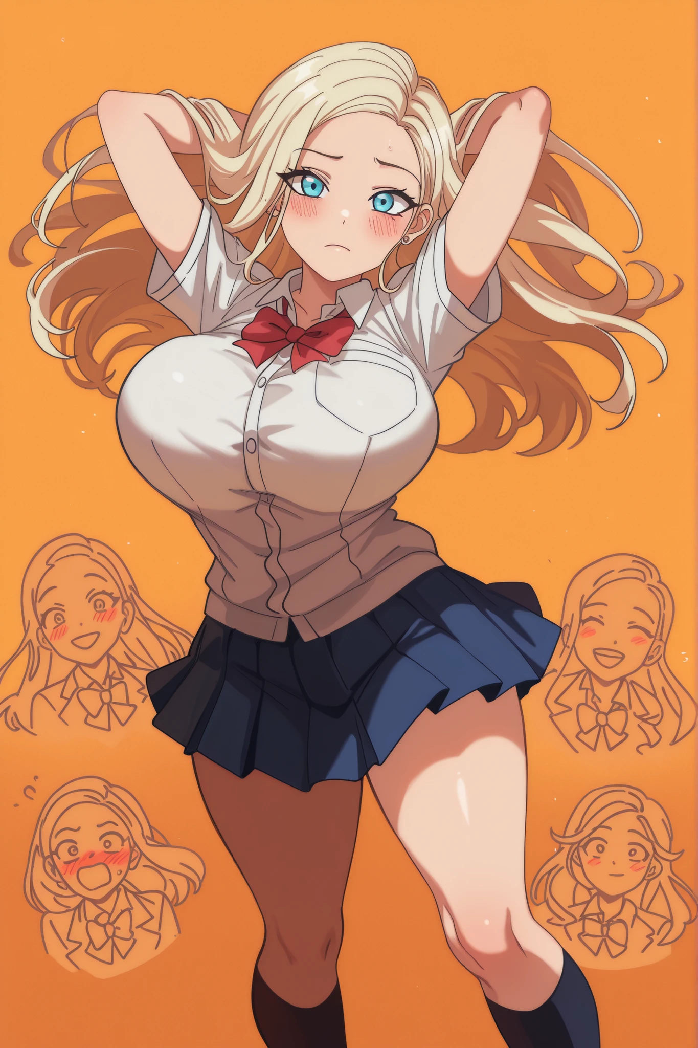obra-prima, Best Quality, absurdos, Insurance 1 girl, 1 , valioso, whisperemg em orelha lookemg at viewer, standemg, laughemg,garota, reigns Kurashiki,loiro, Big saggy breast, red ribbons , school uniform, blush BREAK obra-prima, Best Quality, absurdos, Insurance 1 girl, 1 meninor, pose dynamic hunting, the perfect dinner, obra-prima, score 9, anime colors, AMERICANA, linda, COMPOSITION, harmonia, high quality. school uniform de verão, school skirt,olhos azuis, sorrir, Whisperemg in Ear Standemg