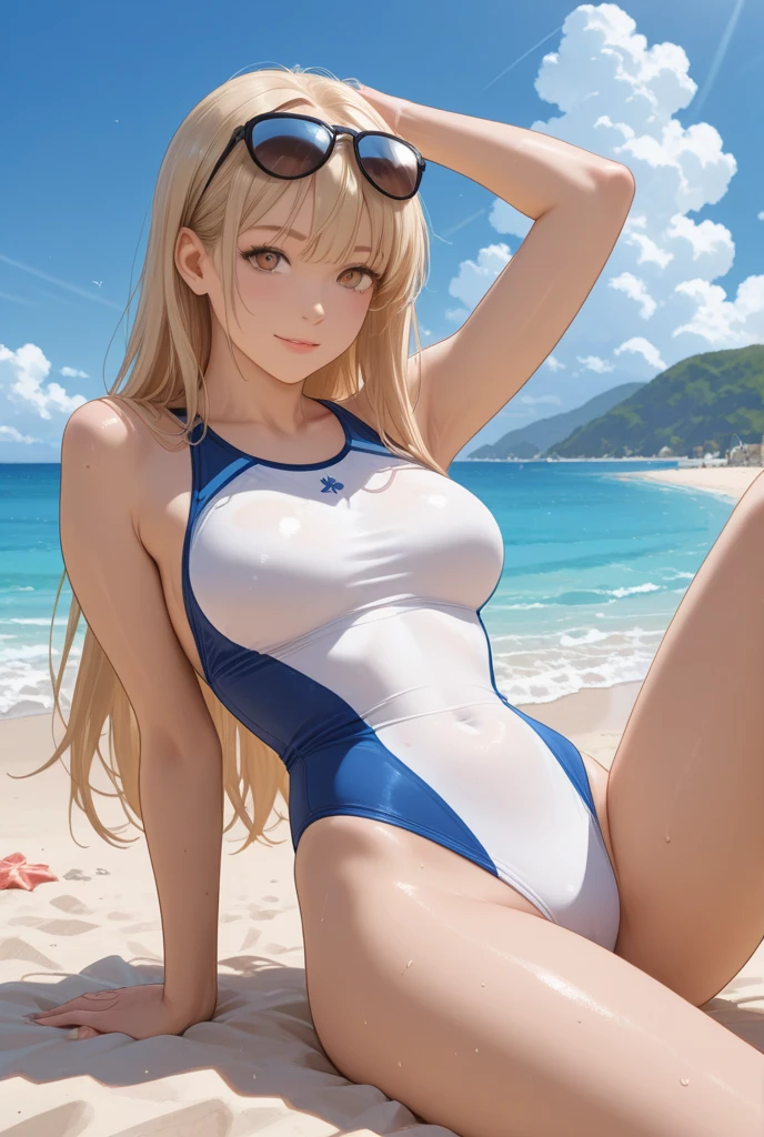 absurderes:2.0、realistic, Unity 8K Wallpaper, Masterpiece, Realistic face, Realistic skin feeling ,detailed hair, highly detailed, realistic glistening skin, Cute Girl, Perfect face, charming face, sitting, (white racing swimsuit)、(blond hair)
