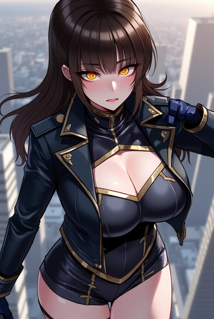 (masterpiece:1.4),(best quality:1.4),  soft lighting, cinematic bloom, beautiful face, beautiful eyes, cowboy shot,
Annerose, 1girl, solo, female mature, black hair, long hair, (yellow eyes:1.4), large breasts, jumpsuit leather, skin tight, hair intakes, covered breasts, sideboob, exquisite eyes detail, exquisite character design unity details 8k hdr, professional art, landscape, (solo:1.5, cowboy shot:1.5), classroom, sexy body, milf, 35 years old girl