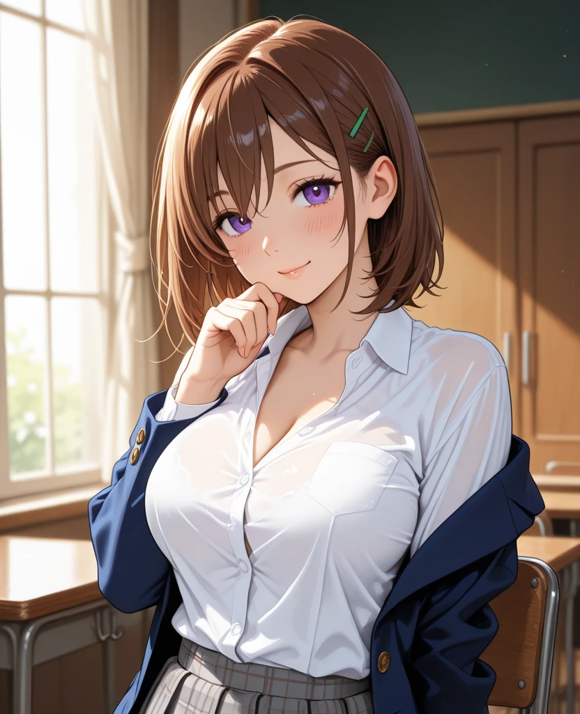 (masterpiece:1.2, highest quality), (Realistic, photoRealistic:1.4), Beautiful illustrations, (Natural Side Lighting, Cinema Lighting), 
View your viewers, (),  close, 1 female, Japanese, 22 years old, High School Teacher, Perfect Face, Cute and symmetrical face, Shiny skin, Baby Face, 
(short hair, Straight hair, Dark brown hair), Hair between the eyes, Deep purple eyes, (Earrings, 
Beautiful Hair, Beautiful Face, Beautiful fine details, Beautiful clavicle, Beautiful body, Beautiful , Beautiful thighs, Beautiful feet, Beautiful fingers, 
(A shirt with a bold open ), skirt，Black Pantyhose, purple neck ribbon),  is visible through the shirt
(Beautiful views), evening, classroom, blackboard, sitting school chair, Are standing, (Cute smile, Upward glance), sweat ,