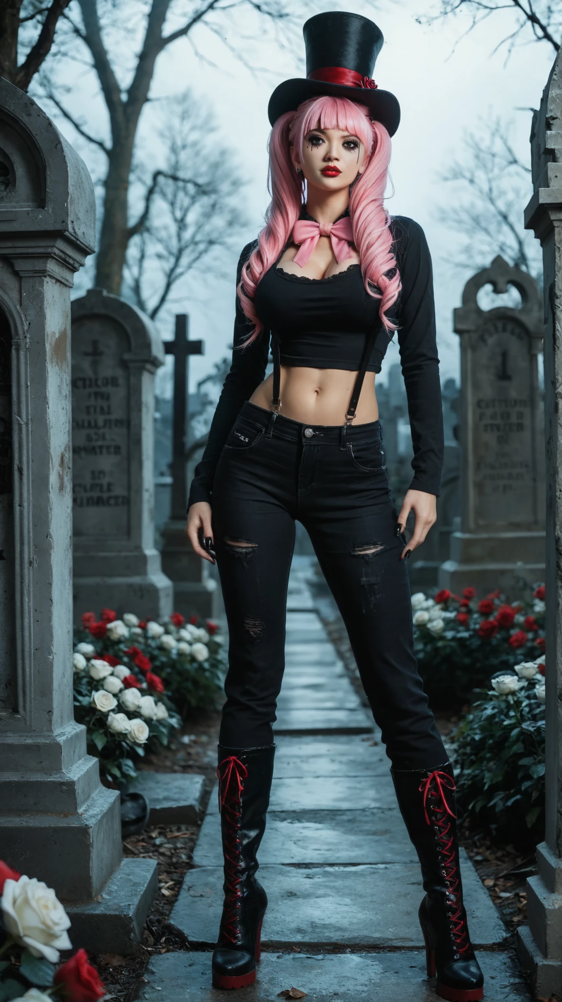 1 girl, alone, realistic style, modern gothic fashion, slim build, medium shot in 3/4 view, standing in a foggy graveyard surrounded by old gravestones, wearing a black long-sleeve crewneck shirt with a snug fit, paired with high-waisted black jeans with suspenders, red glossy high-heeled boots, large black top hat decorated with white roses, very long pink hair styled in thick side drills with straight bangs, charming and expressive eyes with long curled eyelashes, soft confident expression, gothic makeup with subtle eyeliner and bright red lipstick, large breasts, flat toned abdomen, mysterious and moody atmosphere, soft cinematic lighting, emulating a Canon EOS R5 with 85mm lens at f/1.4, composed using the rule of thirds, Asian, beautiful, (25 years old), toned stomach, charming, highly detail
