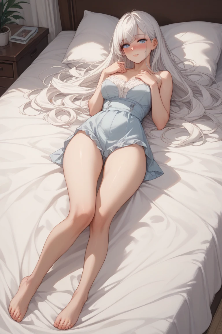 Character Details:, - Gender: 1Girl. Solo.
- Style: Anime, - Body Type: Attractive body, nice body, nice legs, tights, nice arms, nice shoulders. - Breast: (Cleavage, Breast:1.2)- Facial Feature: Beautiful, Gorgeous, Fresh.
- Expression: Shy, Look, sweating, blush, open mouth, (blue eyes). - Hairstyle: Blunt Bangs. - Hair Color: (White Grey Hair:1.5), (Straight and Wavy Long Hair:1.3),
- Clothing: (Laced, Sleep dress.). - Body Pose: (lying on bed, sleep:1.3) (hands up). - Behaviour: Waiting, Want Something, Secretly.
- Accessories: Earrings, Thin Black Headband, Green Accessories, Environmental Details:, - Setting: Bed Room., - Lighting: Natural Light., - Decoration: Modern Bed, Chair, Window, White Curtain, City View. Top view. pov, anime style, UHD, retina, masterpiece, accurate, anatomically correct, textured skin.