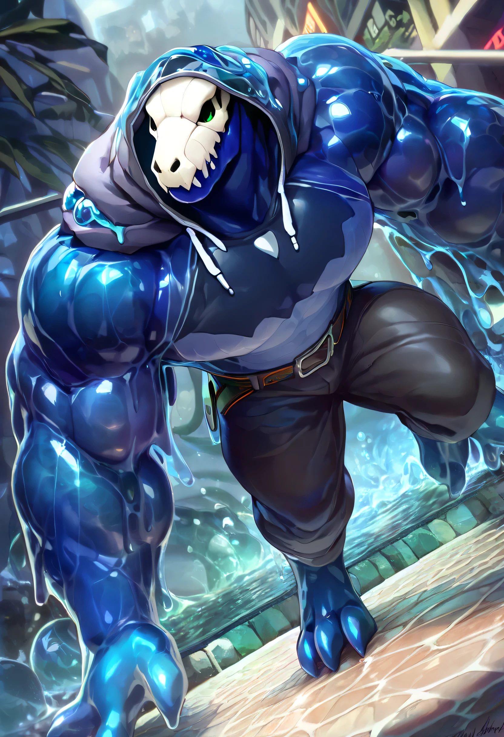 solo, anthro, Slime anthro, slime reptile, crocodile skull, humanoid skeleton, dark blue, small eyes, green eyes, (Slimy body, goo body, slime body, see through, crocodile skull, slime tentacle on head, muscular slime body, shirt, see through body, slime, (navy blue slime) Large physic, long legs, see through body, crocodile skull inside slime head, blue slime (dark blue body, dark blue slime), ((Dark blue slime)), ((Transparent body:1.4), Transparent face, (skull head:1.2)) slime covering skull. wrist guards, clean floor, Tentacle behind skull. (Masterpiece, 8k, by null-ghost, hi-res), (((water texture))), black pants, belt, beefy, crocodile tail, water blue texture, ((Head tentacle slime)) ((black poncho)), beefy muscular, beefy waist, opened hoodie, shirtless under hoodie, hoodie on, hood, sci-fi, cyberpunk background, street lights, (((By null-ghost, 8k, HD, masterpiece)))