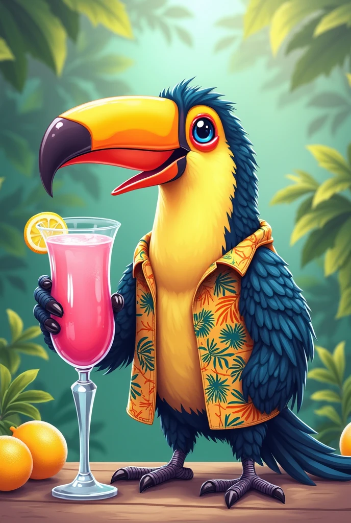 Solo female, toucan, avian, bird, bikini, flower lei, coconut drink, beach, Hawaiian, tropical, sunshine