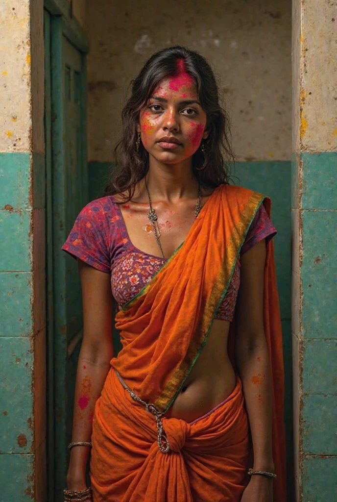 A 25-year-old indian girl fair white skin, in a dimly lit storehouse filled with tools and old machinery, she stood in a action pose ready for a fight, wearing a white t-shirt and jeans, her body is covered with injuries and blood from the torture she endured by her captors, her face filled with , tense atmosphere, gritty realism, high detail, dramatic cinematic lighting, masterful composition, cinematic framing, professional quality.

