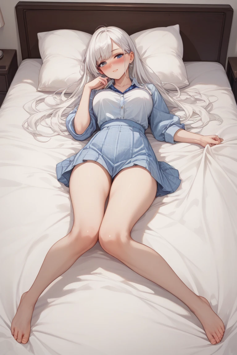 1girl in、AS-Adult、dressing gown、Soft dress、night dress、Lying in bed、One leg open、Upper body portrait、pregnant, contractions