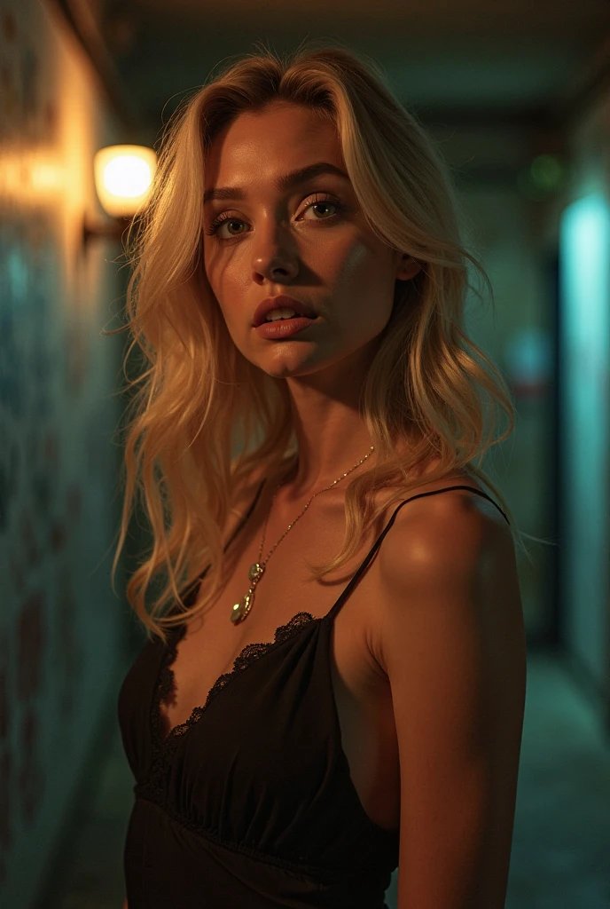 tatuados,Beautiful blonde with big breasts in a black suit、(Back tattoo、Many tattoos on both arms and neck)、 (Late night back alley、walk),Candlelight only,Very detailed, 21 years old, Innocent face, Wavy Hair, blue eyes, High resolution, masterpiece, Highest quality, Intricate details, Very detailed, Clear focus, Delicate skin, practical skin texture, texture, Delicate eyes, Professional, 4K, Sad face,despair、 Shot with Canon, 85mm, Shallow and deep, Kodak Vision Color, Exactly, Very detailed, photograph_\(Extremist\), photographpractical, practical, Post-processing, Maximum details, Roughness, Real Life, Extremist practical, Photorealism, photographgraphy, 8K Ultra HD, photographgraphy