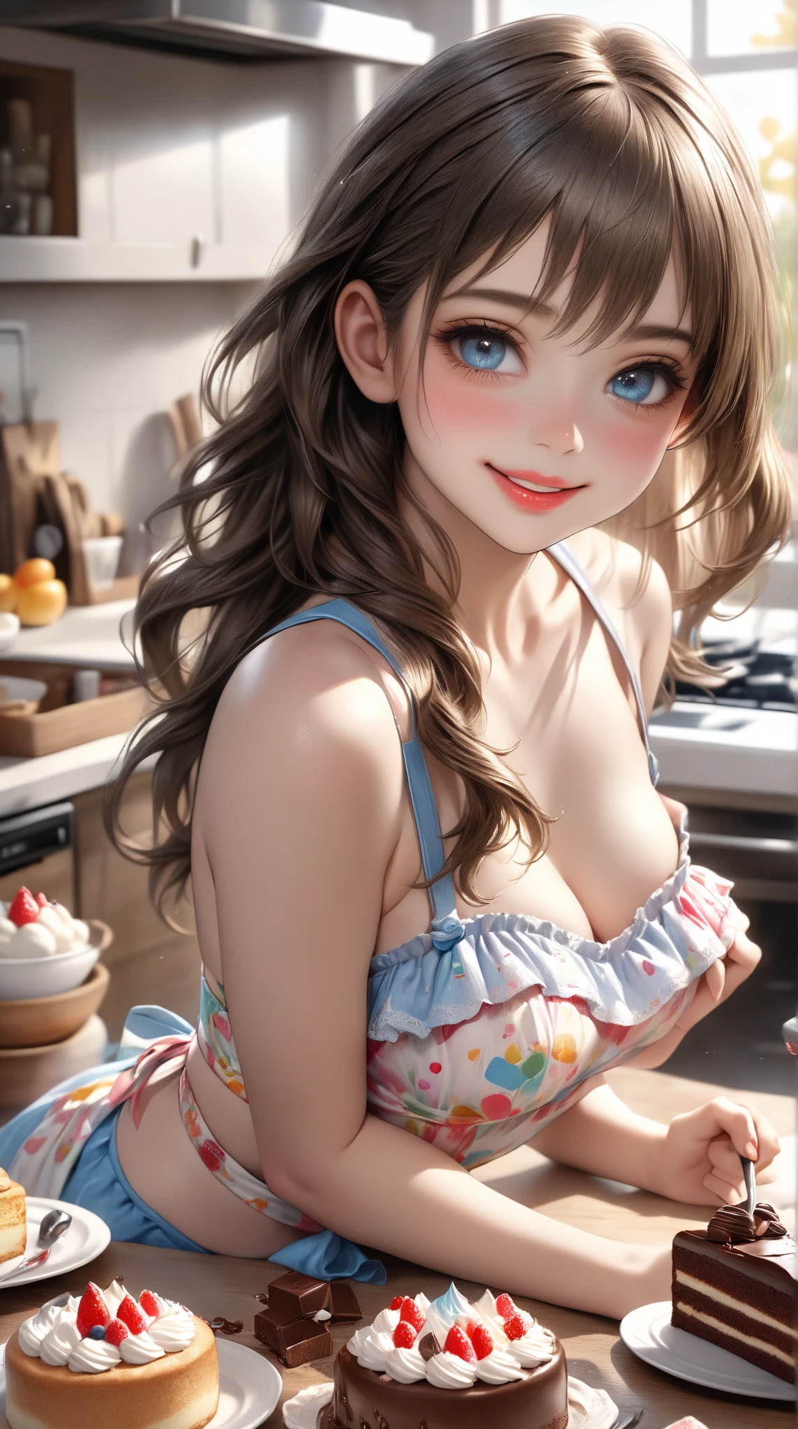 (small breasts:1.2), (perky chest:1.2), (pointed chest:1.2), (Pudding cake magazine cover:1.3),(from above:1.0),(shoot from the side:1.1),masterpiece, 1girl, Amazing Cleavage:1.1, thin waist, optimum,tmasterpiece,hight resolution,best qualtiy,hyper HD,super detailing,awardwinning,a 18yo cute girl,(The upper part of the body),anatomy correct,Beautiful Black miniskirt,garters,Gaze,Small face,bangss,holster,Beautuful Women,hands up,leg holster,Gaze,black boots,Cowboy Shot,cute face,a blond,Longhaire,Twin-tailed,Braids, Hairline,(scarlet eyes),long eyelasher,Hanging eye corners,White skin of the, ((see through camisole:1.1)), ((Sheer nipples:1.0)),Rocket Tits,(Slim body),smile,seductive weak smiling,(with sparkling eyes and a contagious smile),little open mouth, Looking at Viewer,