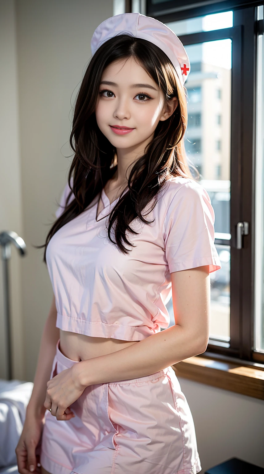 very large lips, happy, looking at viewer, smiling, (Raw photography、top-quality)、(realisitic、Photorealsitic:1.3)、top-quality、​masterpiece、extremely delicate and beautiful, sitting on a bed, wearing tshirt and leggings, wavy hair