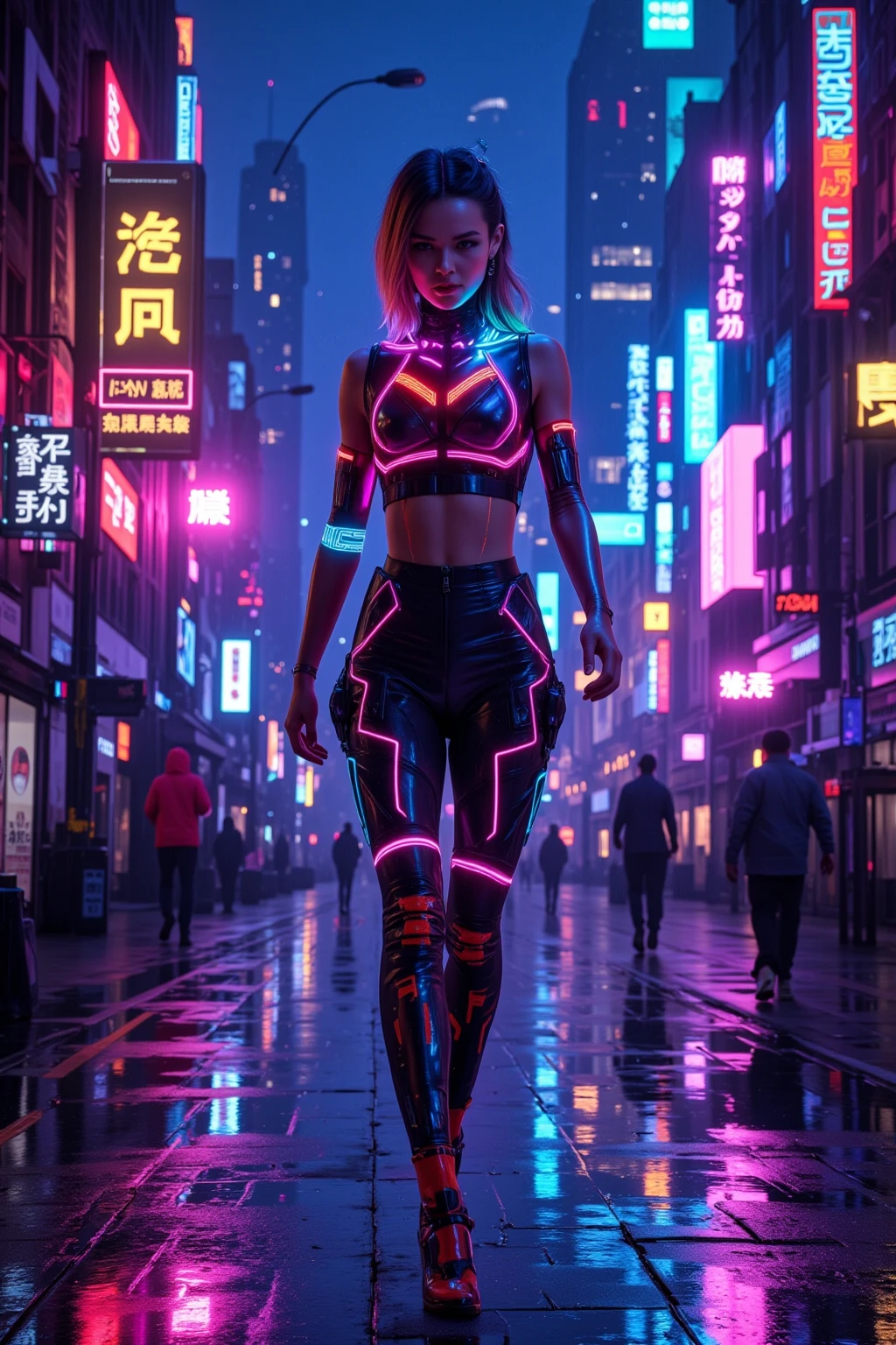 High resolution、8k、One beautiful girl、Russian、Future World、Cyberpunk City、Bodysuits、Colorful glowing neon、