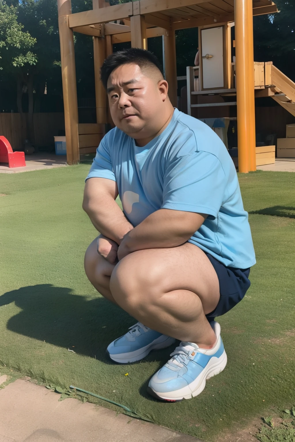 Fat uncle，with a round face，short detailed hair，potbelly，skin is smooth and fair，Black  shorts