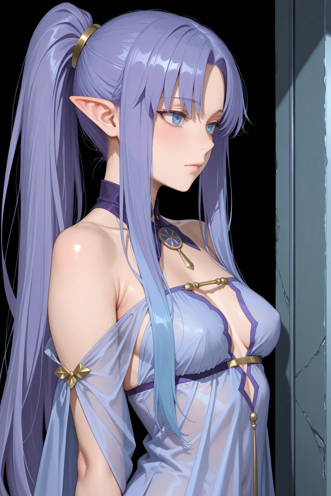 A tall and beautiful elf woman, light blue glowing eyes, cold expression, proud posture, chest up, lavender skin, purple facial tattoos, silver tied hair, exposed chest, exposed shoulders , showing her navel and thighs, looking up at the camera, with sweat on her body, her wet body, in a medieval inn.
