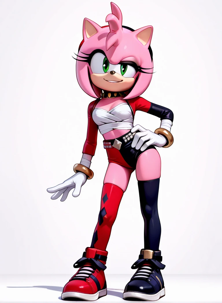 amy rose, red headband, short hair, sonic the hedgehog \(series\),rouge-cosplay, rougecos, bodysuit, black bodysuit, white gloves, gloves, elbow gloves, sleeveless, strapless,bare shoulders, cleavage, covered navel, high heels, high heel boots, boots, thigh boots, Curvy, thick, big breast, big ass, busty, voluptuous, big thighs, small waist, hourglass, bimbo, milf, large boobs, large ass, ,Battle, Fight, Stance, Attack, Kung Fu, Fist
