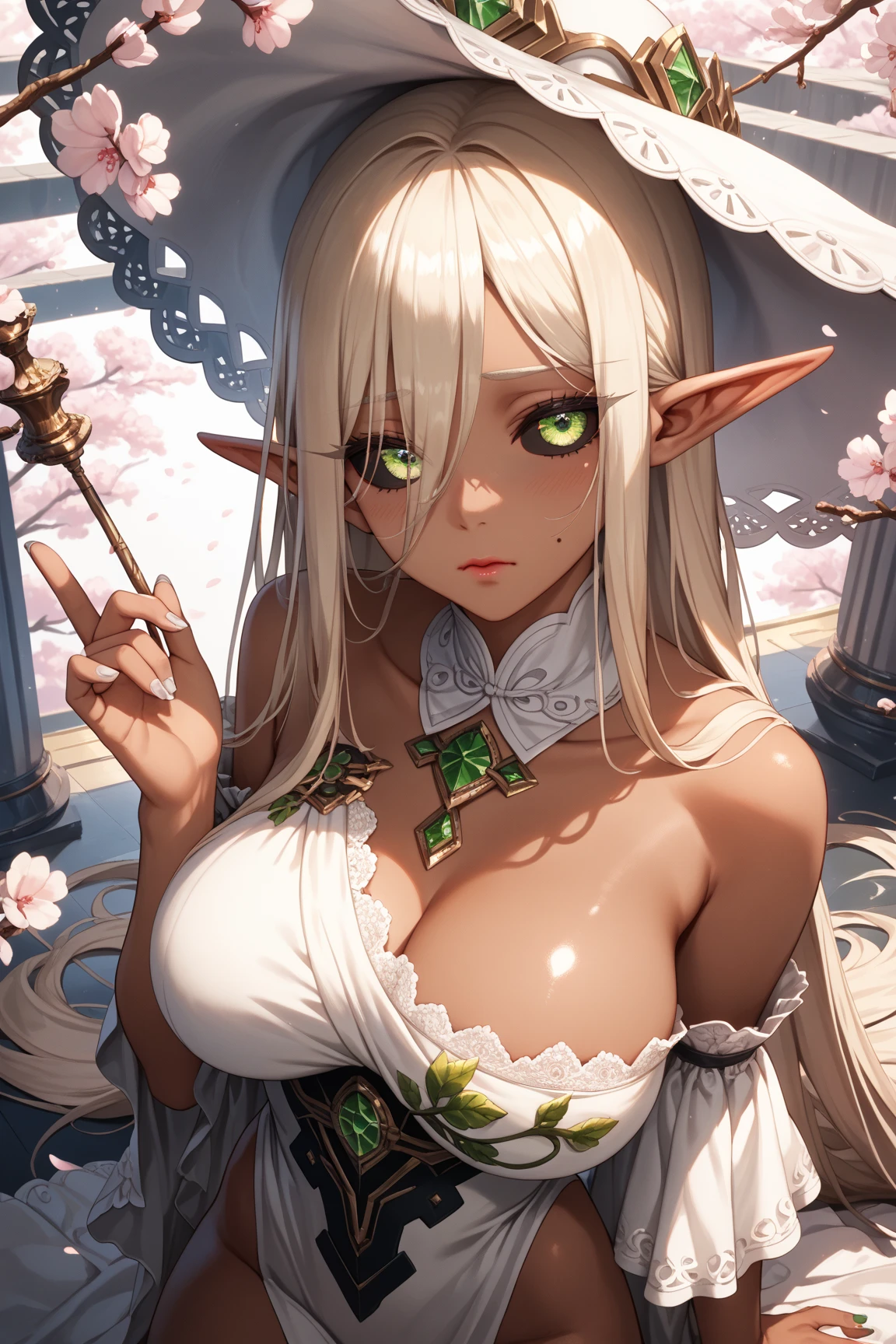 (((Very high image quality))),((Dark Skin)),(((Elf Woman))),(((White hair))),(((green eyes))),(((Seyxy body))),((Wearing a crown)),((Shy)),((Pink dress)),(Big boobs),(tall woman)