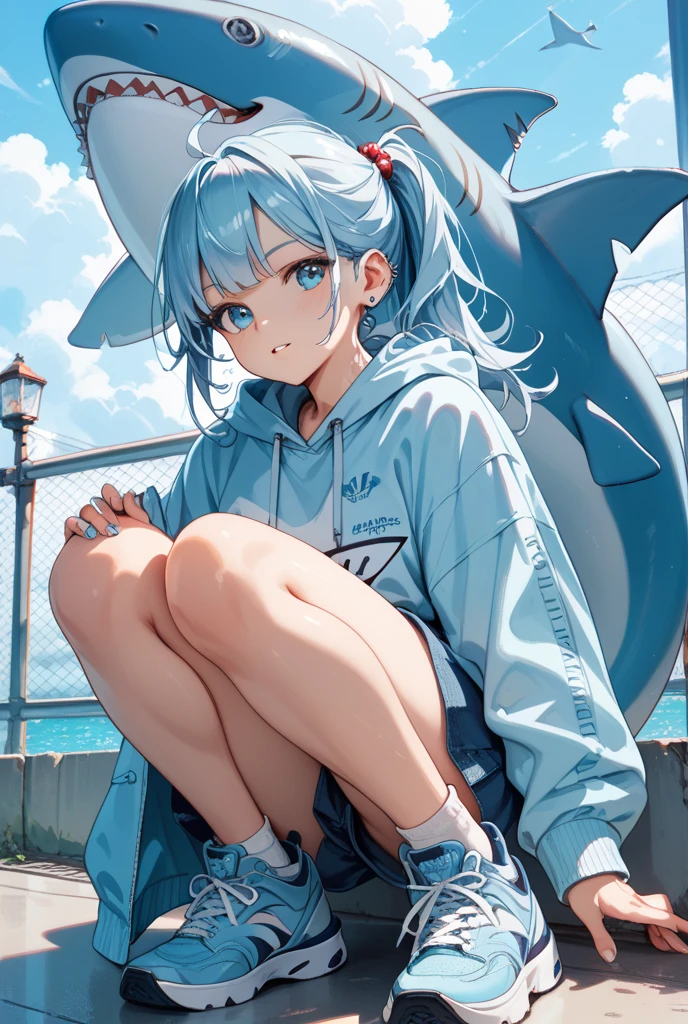 Gawr Gura,  in a rainy tokyo, dark blue hoodie, thick thighs, shark mouth on hood, white hair, blue ends, glassy blue ocean eyes, blush across nose, full body, sitting with legs crossed, white small boots, blue socks, looking down at viewer, shark tail connected to butt **((blue ends on white hair))**
