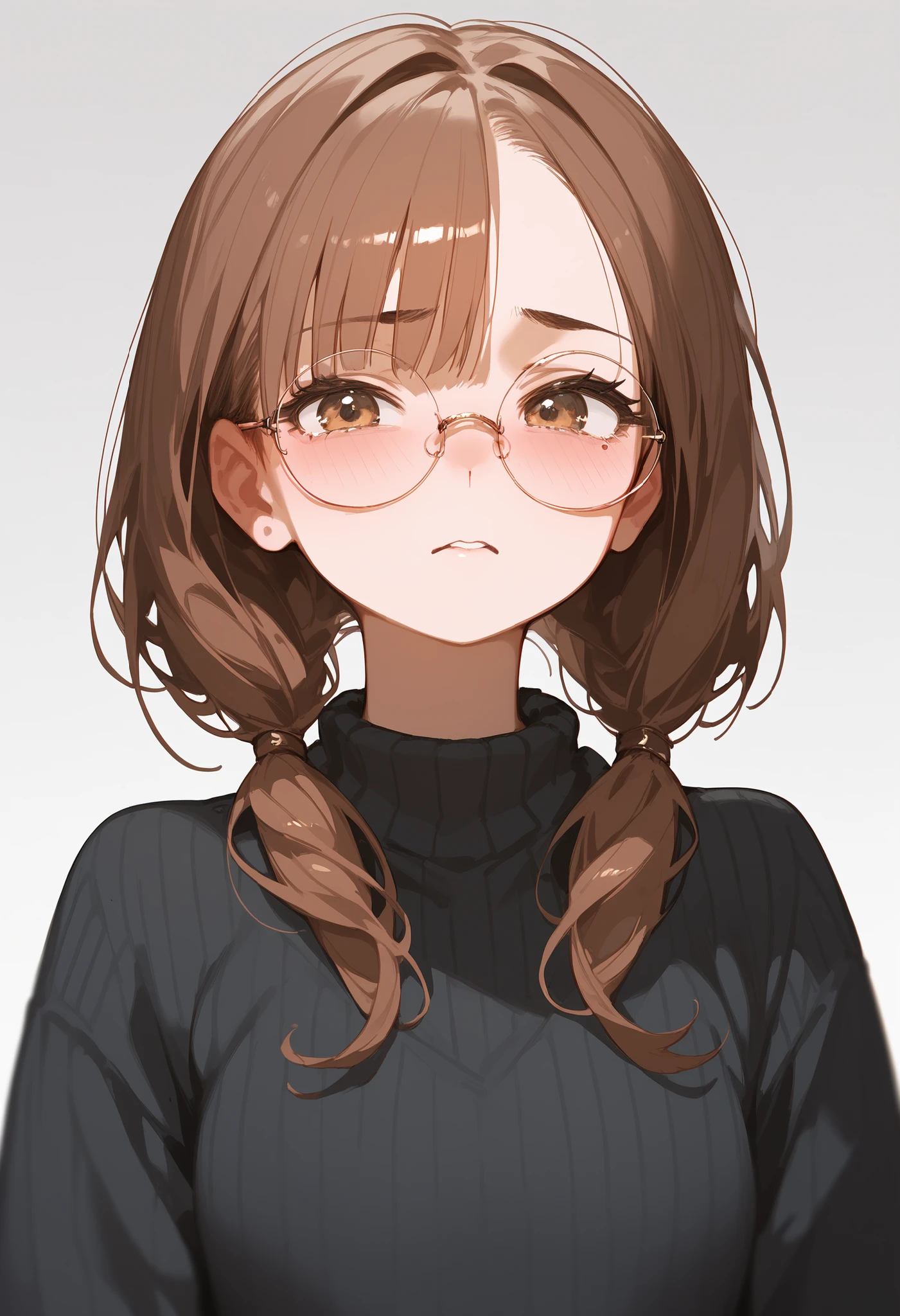 girl, brown hair cascade, round glasses, black sweater, blush, disturbance