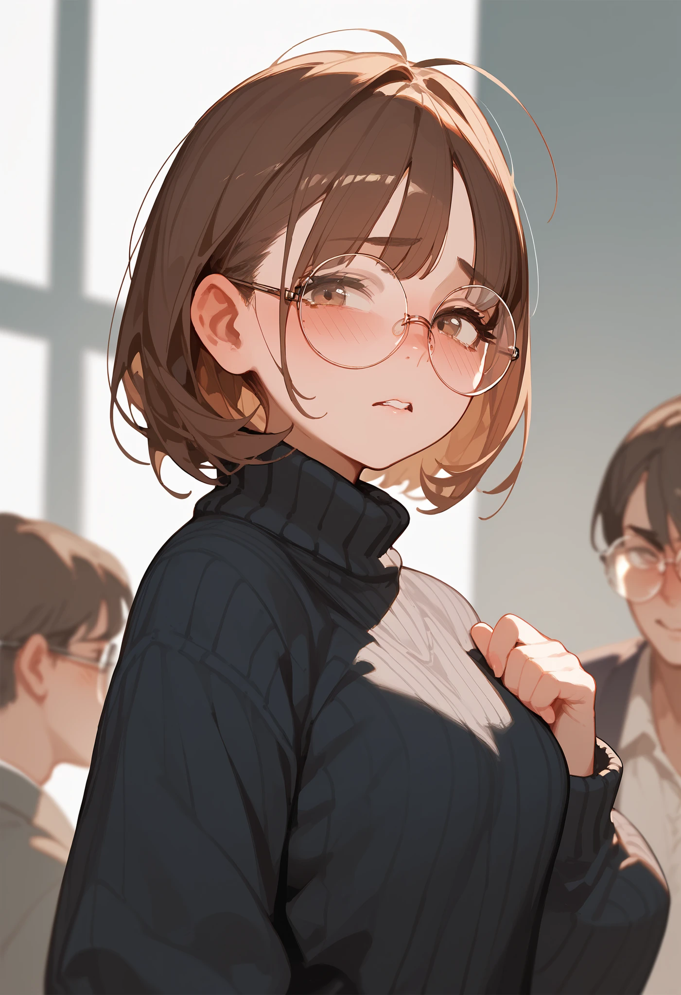 girl, Brown hair,sloppy styling, round glasses, black sweater, blush, disturbance