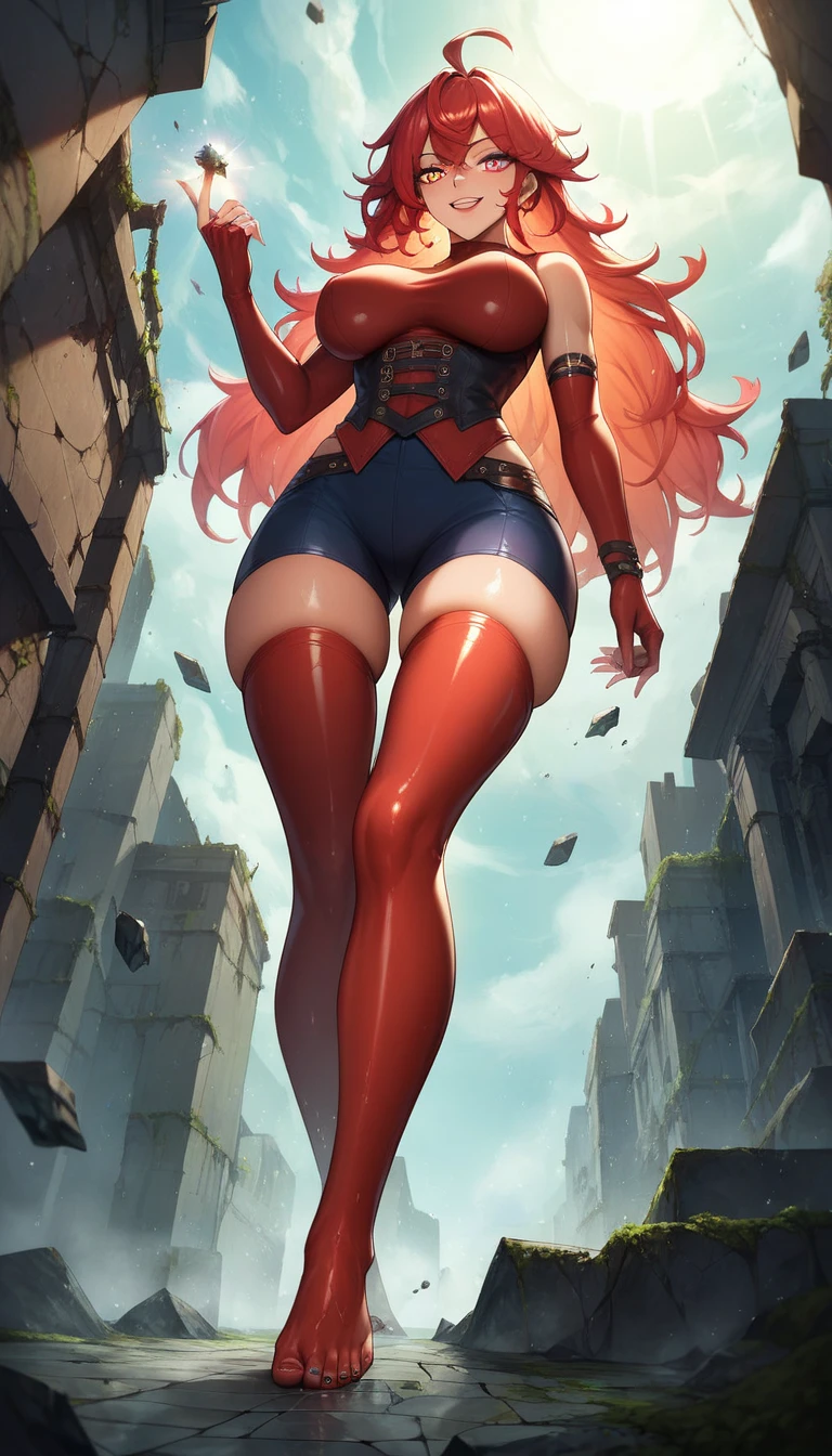  Giant Girl 50,000 feet high，Have a pair of long legs，Have a pair of huge breasts，Wearing a red bikini，Wear a pair of Mary Janes，Blonde curly hair，full of enjoyment，wariza in a crowded city, vandalism，It seems to be an invincible existence,Beautiful appearance，Exquisite makeup，quality，8K，High quality，(Governor:1.5)，Perfect proportion, theater lighting，Film Grain，Fuji Colors，8K，Textured Skin，Super Detail，High Detail，high quality，high resolution，Fake laugh，morning，perfect body,full body image, tiny buildings between her thigh


