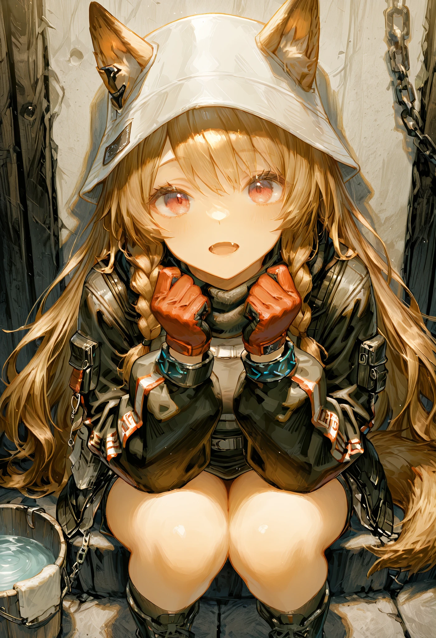 (best quality,highres,masterpiece:1.2),ultra-detailed, 1 girl, harmonious finger proportions, close up , close up view, Close-Up(CU), ceobe_\(unfettered\)_\(arknights\) , open mouth, fang, red eyes, brown hair , dog tail, dog ears, twin side braids , ears through headwear , bucket hat , black jacket ,red gloves , chain , black long shirt, black scarf,black socks , black_boots,