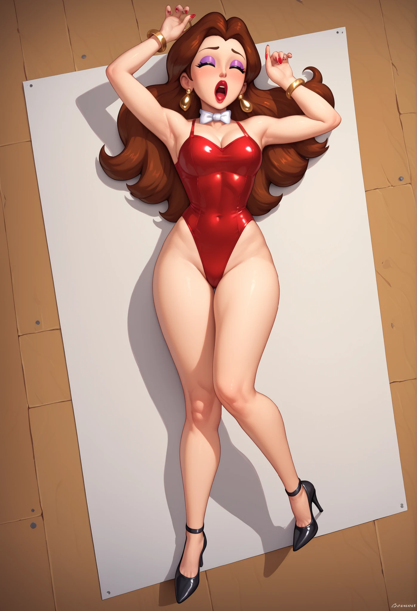 Cute Pauline, short height, wearing a sparkling shiny red leotard, black Mary Jane strap tap heels,,performing on stage, black mix with brown hair, eyes are centered,, while standing and tap dancing cute on a small wood board tap dancing, red bow with a white collar on her neck, her cute tapping feet clicking and clacking, natural beautiful makeup, facing you with her body while on the floor, laying down and spreading her legs, her eyes half open moaning, spreading her legs