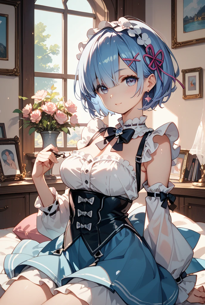 (Masterpiece, Slim Body, Delicate Fingers: 1.2), Best Quality, (Illustration: 1.2), (Hyper Detail), Eye Focus, Ultra Detail, (Fine Detail), (Intricate Detail), HDR, (Ultra Detail: 1.15), (Soft Light: 1.2), 1girl, ((ouji ta), (neat outfit:1.5), (short pant:1.5), (costume with blue accents: 1.2), (White hair and blue highlights),cyan eyes, medium, short hair, solo, (medium breasts:1.2), table, lifting,, masterpiece, (blushing:1.3), embarrassed face, best quality, highly detailed