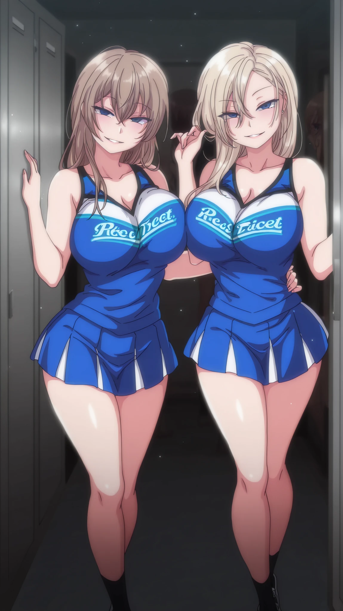 2 girls, kurashiki reigns, long hair, asymmetrical hair, large breasts, blue eyes, blonde hair, smile, narrowed eyes, parted lips, looking at viewer, naughty face, chisa, alone, chisa_IlXL,Brown Hair, slight smile, contrast, looking at viewer, seductive smile, anime coloring, expressive, sensual pose, full body, smiling, masterpiece, best quality, dynamic lighting, seductive smile, naughty, wild, looking at viewer, seductive body, sensual, detailed hand, detailed background, detailed eyes, flashy eyes, pretty eyes, perfect face, light particles, parted lips, happy, high quality
Hotel at night、room、room lit by pink lights、dark room, full body, standing, women's locker room, cheerleader outfit
