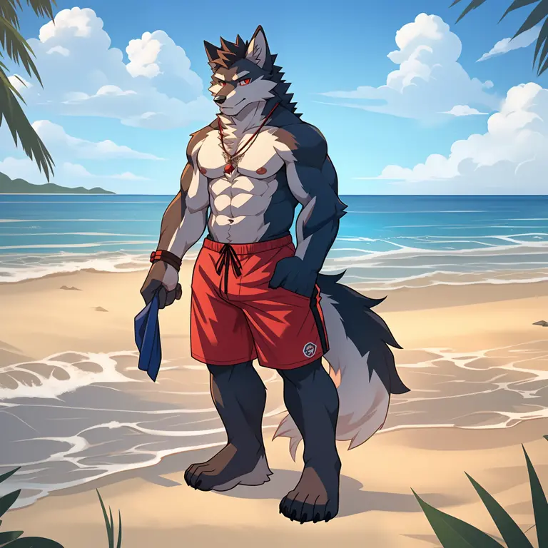 Muscular body, Blue hair all over,Body tearing, Standing on the beach,Wear sunglasses on your forehead,One-handed sunglasses,head tilted to one side, Beautiful beach sunshine, Wearing beach shorts, No clothing on the upper body,Wolf furry character,Hairy all over,Fluffy wolf tail,Golden pupils