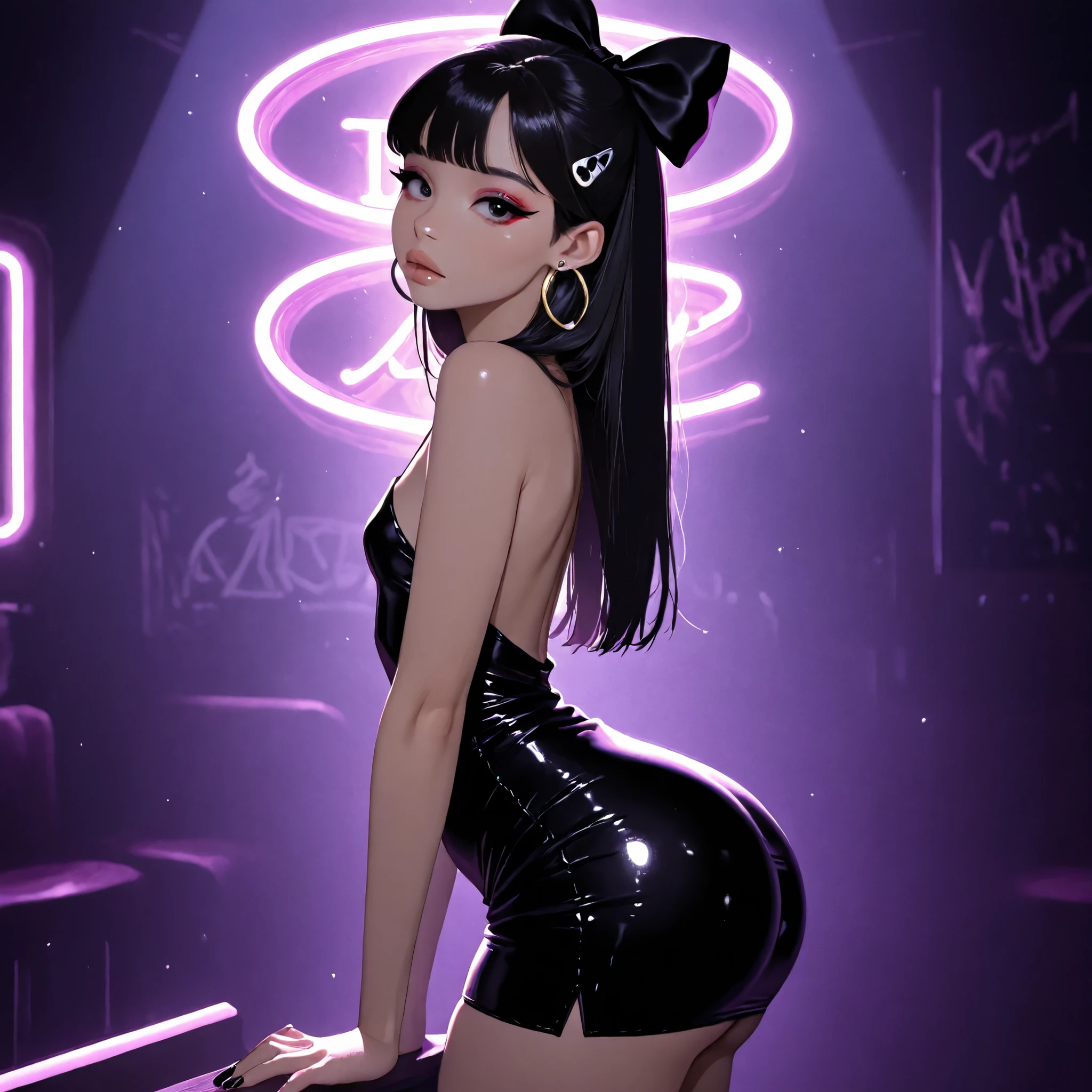 1girl, Solo, black nails, eyeliner, High Resolution, looking at viewer, Bangs, Hair Bow, Masterpiece, High Resolution, Anatomically Correct, Detail, High Details, High Quality, small round breasts, Hoop Earrings, Hair Ribbon, Jewelry, Hair Clip, Backlighting, Bloom, Cinematic Lighting, God Rays, Beautiful Young girl, Babyface, glossy lips, skinny, short black hair, in nightclub with neon lights, club dress, short skirt, view from side, plump ass