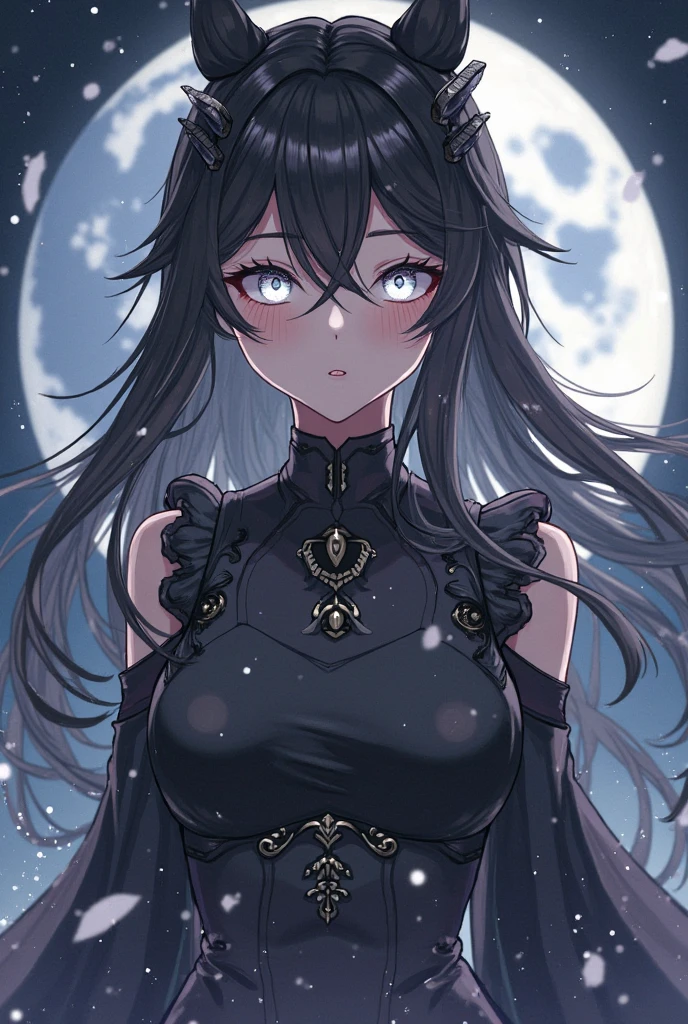 1 girl、Mature、Ample breasts、Long Hair、Black Hair、Shoulder Bare、Black Dress、Inky Dreselt、Moonlit Night、Fleeting、painful、to tears、Deep in the forest、High resolution、Highest quality