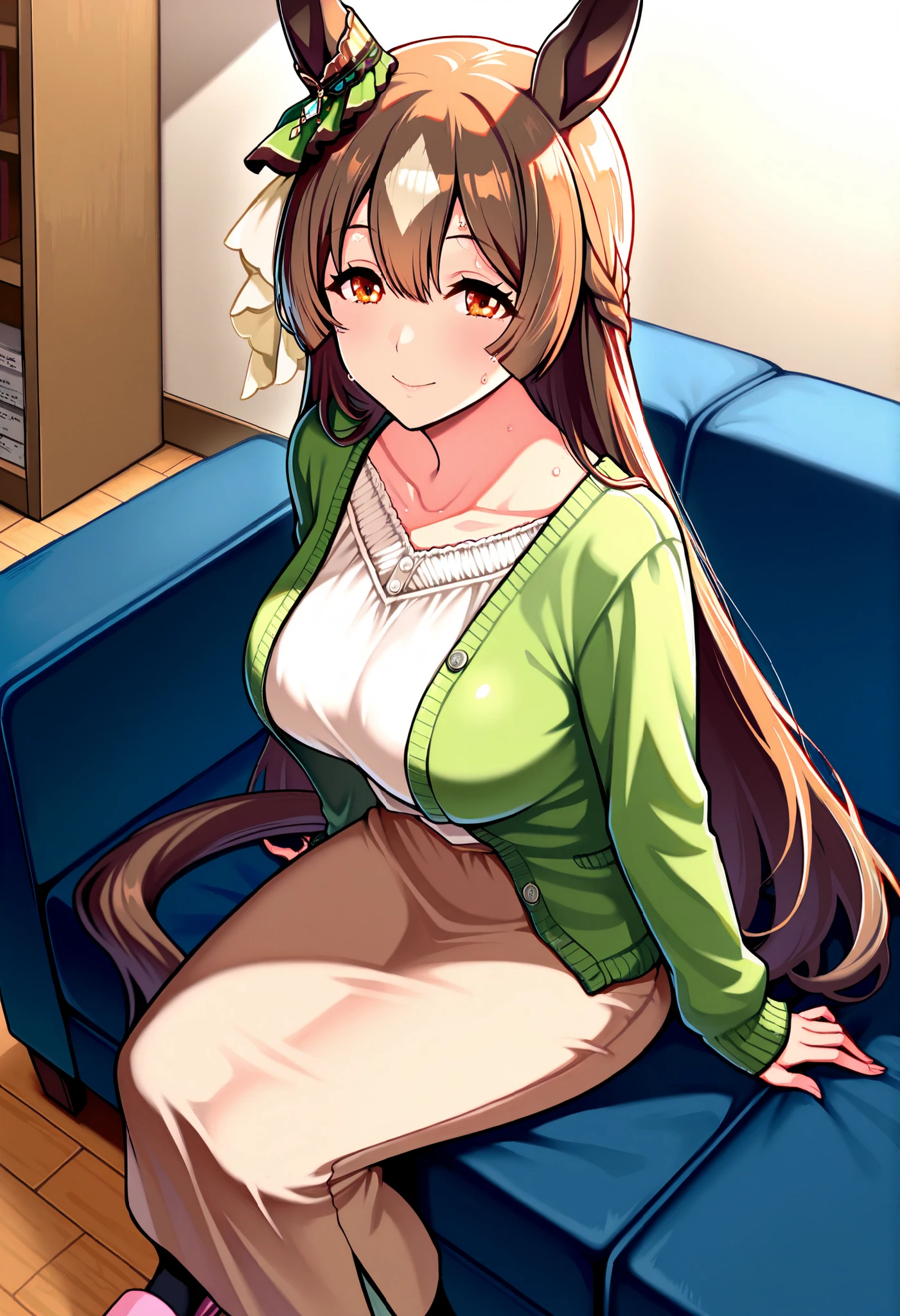 佐藤のダイヤモンドUma Musume, masterpiece, best quality,, score_9, score_8_up, score_7_up , is nice, embellished panties,
Satono Diamond \(Uma Musume\),nsfw,Mature Woman, housewife, Mature Woman, Living Room, Sofaにis sitting, 1 girl, solo, horse ears, earrings, , , horse tail, Viewer, opening, Cowboy Shots, 何かを計画しているsmile, 、
, ,
chest, half-open, sweat,, , , room, Pose, 軽いsmile, white shirt, cardigan, long skirt, Thighs, , feet, , Sofa, is sitting, ,, Short Hem Everyday Wear_Clothes, , long hair, chest, Viewer, , smile, Bangs, , brown hair, , long sleeve, Village Seen from Angle, , closed mouth, clavicle, tail, , transparent shirt , , streak hair, , , forward leaning posture, , full body, black socks, slippers,