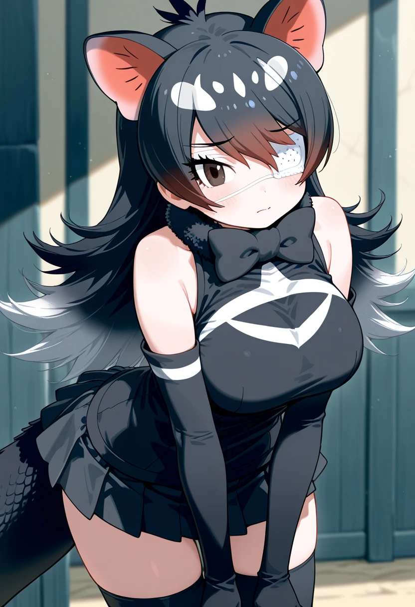 masterpiece, best quality 1boy, solo, trap, beautiful boy, bangs, black hair, very long hair, hime cut, blue eyes, deep blush, grin, no breasts, black dog collar, black playboy bunny outfit, cowboyshot, looking at viewer, strip club background