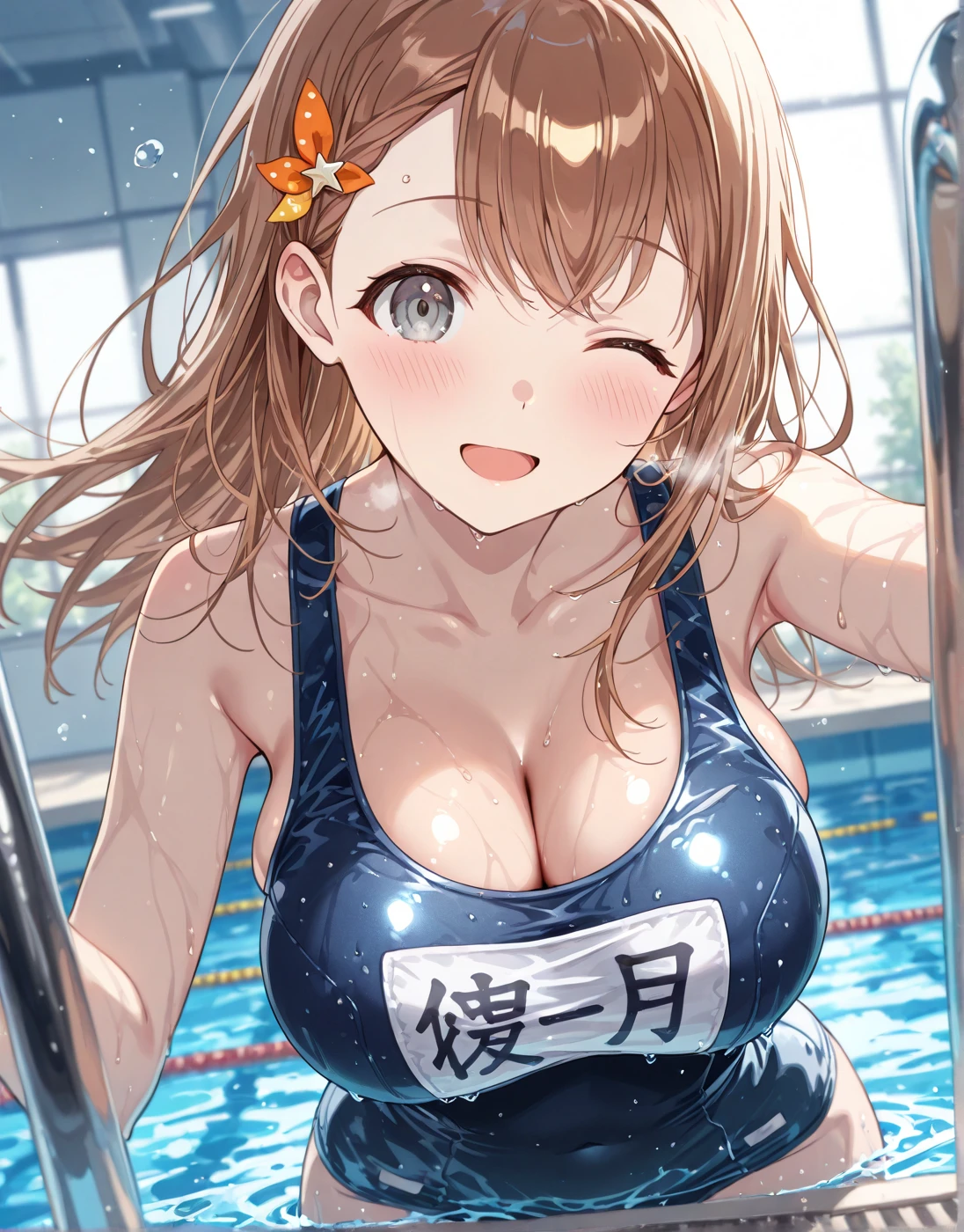 Highest quality、Best image quality、masterpiece、独奏, a girl、One woman, (((3 mature woman))), Best Bust、Large Breasts, Cleavage、Beautiful Eyes、Orange Hair、green eyes、Red lips, ((ponytail)), (Drill Hair), ((forehead)), (sideburns), Very cute face, Glossy Lips, Double eyelids on both eyes, Tight waist、Beautiful Face、Natural smile、red cheek、frilled bandeau, At the school pool、sexy pose, bewitching pose, Model Pose, cowboy shot