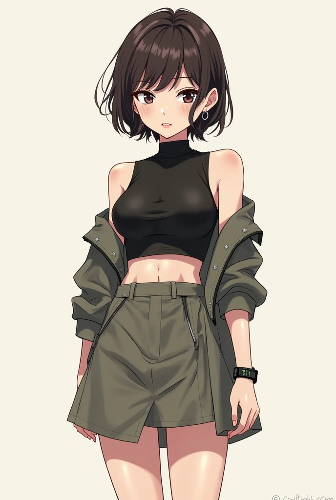 1girl, short brown hair, tousled hair, messy hair, green over shirt jacket, unbuttoned green shirt, white tank top, tomboy, boyish, femboy, masculine, androgynous, badass, flat chest, flat-chested, nature background, blue denim shorts, leather belt, looking at viewer, capybara ears, bear ears, earthy, full body