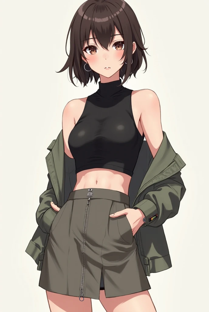 (((masterpiece, best quality, ultra highres, 1 girl, solo, no background))), super detailed skin and face and eyes and finger, beautiful japanese woman, small breasts:1.5, skinny, light brown hair, very short pixie hair, knee shot, white background, outline, anime, 2d, boyish, expressionless, cartoon, mini skirt, tank top, cargo pants,
