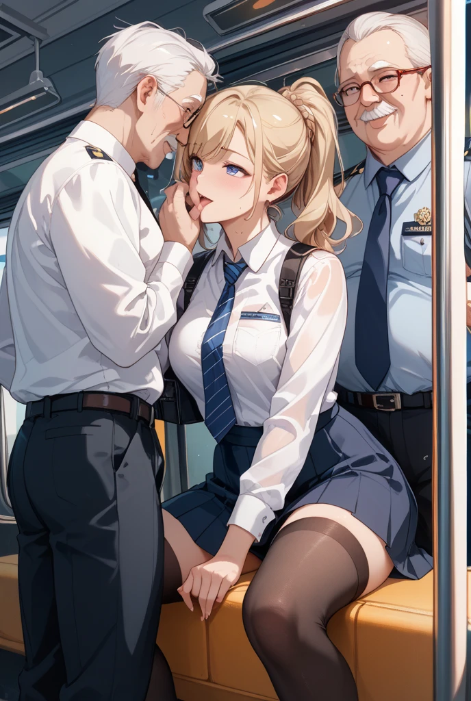 anime artwork, score_9, score_8_up, score_7_up, score_6_up, score_5_up, score_4_up, r,Camie Utsushimi, light brown hair, dark brown eyes,, breasts, , big breasts, at school, (school uniform:1.2), sit on desk, cap, she is 24 years old, striped panties, rating explitic, wet whirt, ,horny, , , white stockings, shoes,, , style_3, text on board, 1boy, , his penis rubbing her ass, side view