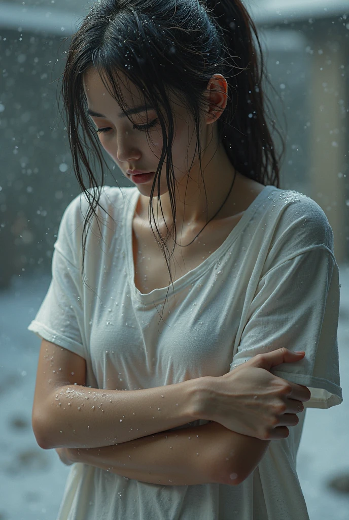 short tshirt,(Cinematic tones)(Wet clothes:1.9),(Get wet all over your body:1.9),Top image quality, tmasterpiece, 超高分辨率, (Fidelity:1.4), photore,deluge, stunningly beautiful woman, (Sorrow), white shirt, dim murky lights, shadowy, Desperate, Pity, Pathetic, Cinematic, Tears, tear drop, (ripped clothing:1.5), (Wet clothes:1.4), bare shoulders, Real rain, wetting hair