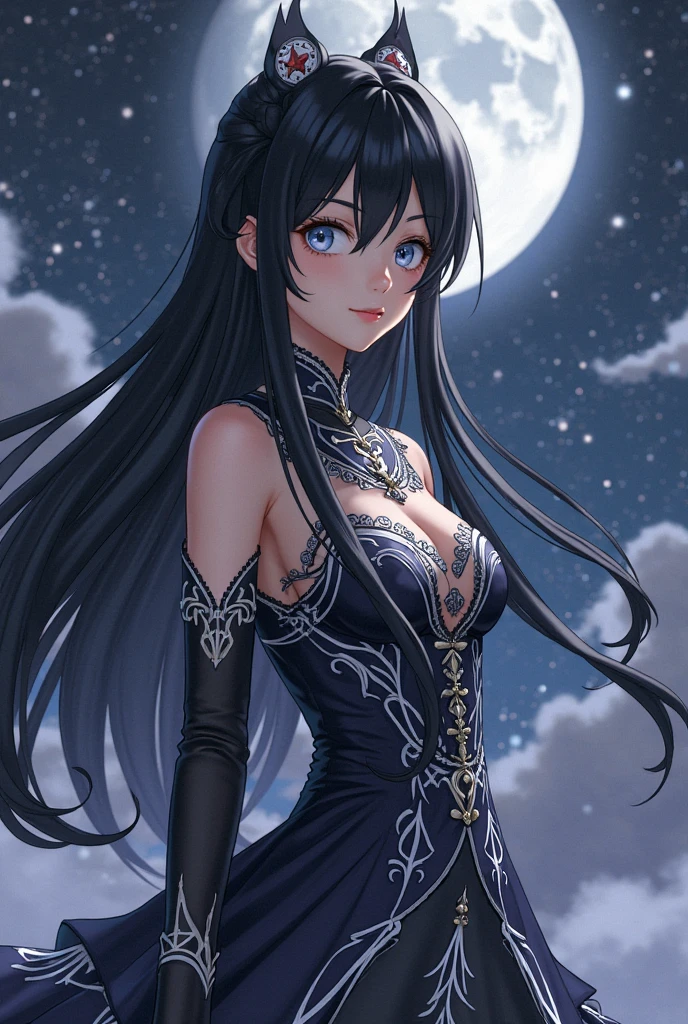 One adult woman,Long dress_blue,hairロング,hair_巻きhair,hair_blue,eye_light blue,Lady,full moon,Lots of butterflies_green,diamond shaped earrings_light blue