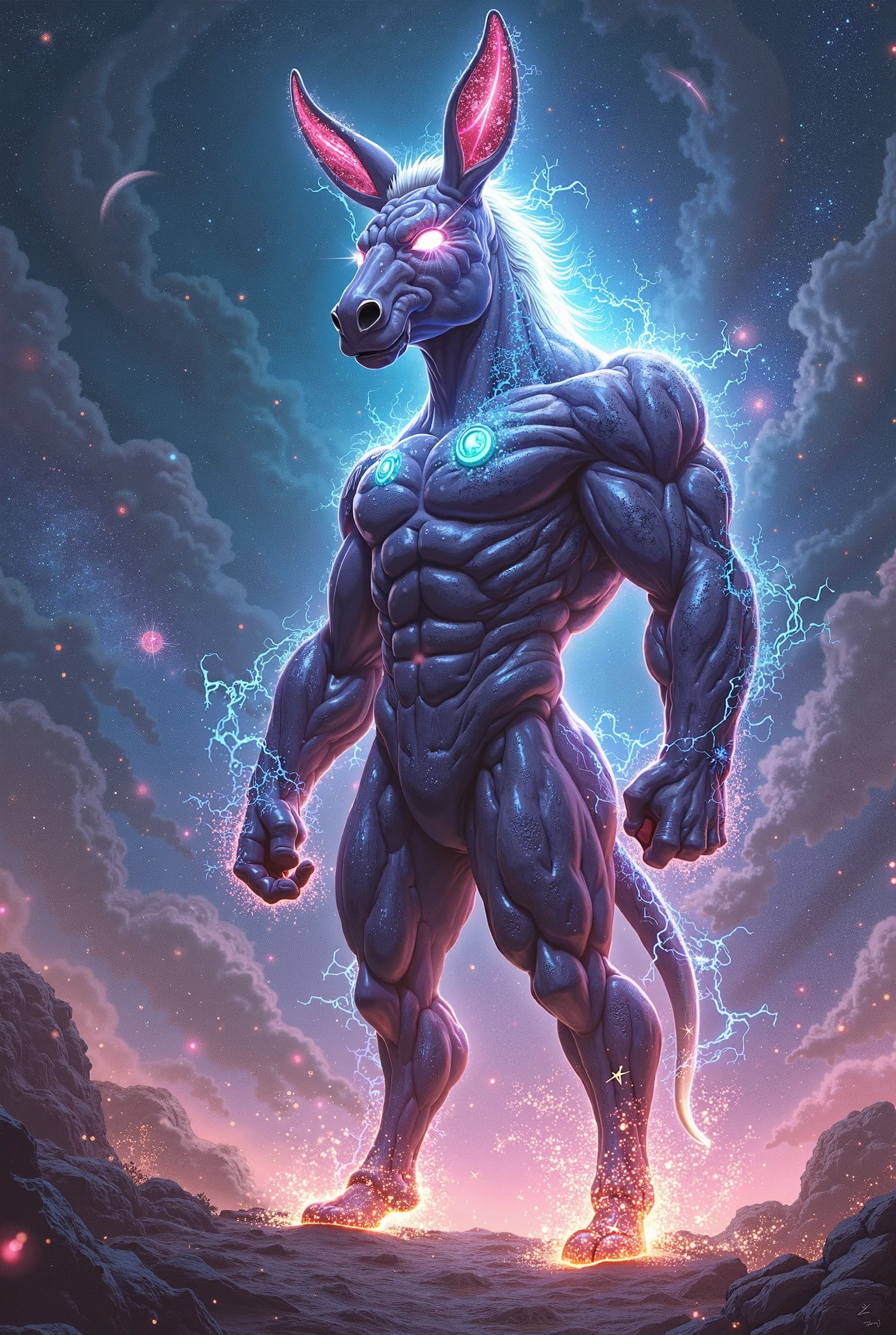 Create an image of a super muscular humanoid unicorn dressed in a Superman costume, performing a white Rasengan similar to the one from the anime Naruto. The unicorn stands in a powerful, heroic pose, holding the glowing, swirling white Rasengan in one hand. The costume includes a fitted suit with a modest, form-fitting underwear that subtly covers the anatomy, emphasizing that the character is a blend of human and unicorn without being explicit. The background should be dynamic, with energy waves and wind effects swirling around the Rasengan, highlighting the magical and intense nature of the scene