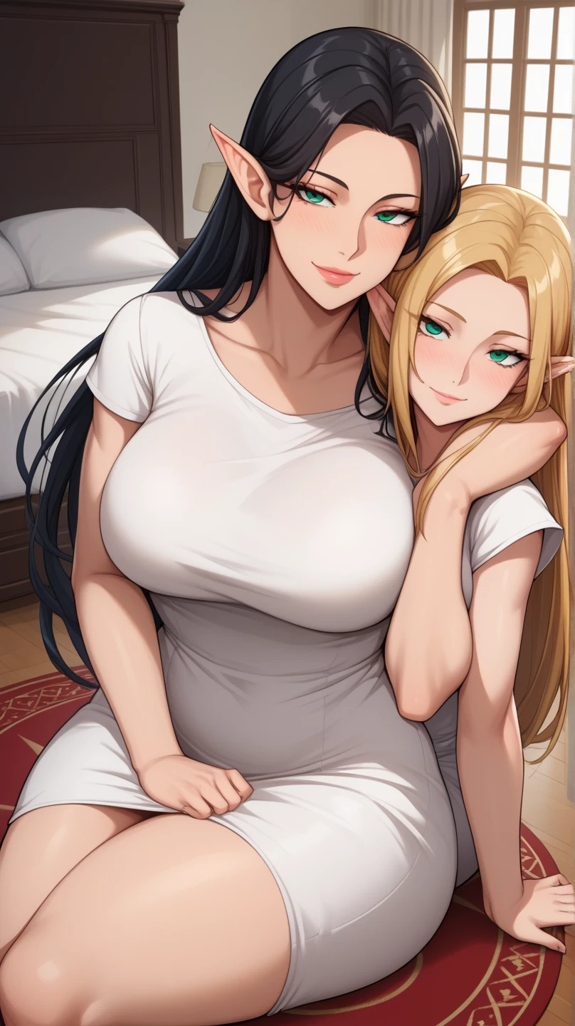 ((Meisterwerk)), Nice anime girl with tanned skin, Nice, reifen, weirdly big breasts, Langes blondes Haar, blaue Augen, perfekt, detailliert, Great attention to detail, wide hips, maternal figure, suggestives Gesicht, sinnlicher Gesichtsausdruck, caring mother, tight white robes, charismatisch, (Tanlines), thin waist, extremely large breasts