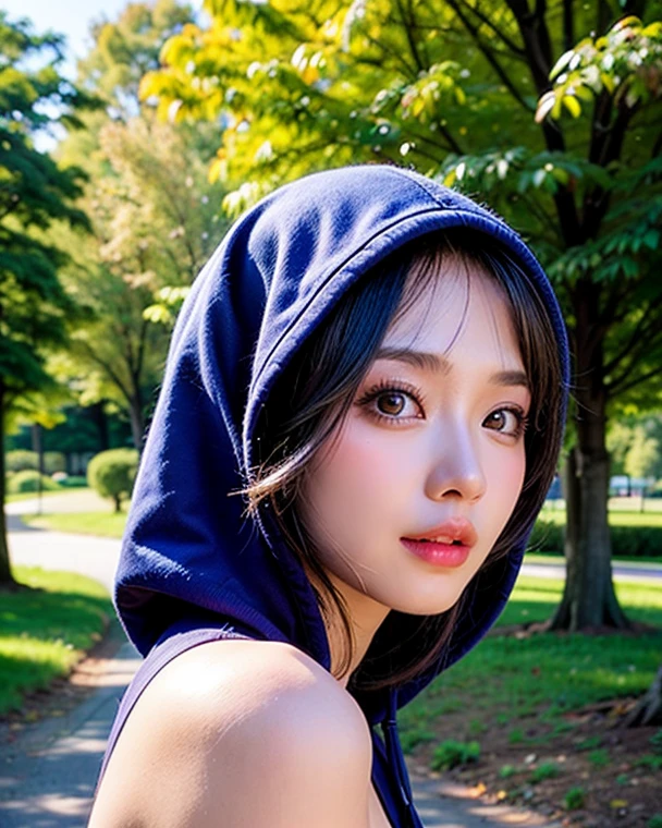 8k, best quality, masterpiece, realistic, ultra detail, photo realistic, hyper realistic, smoother lighting, increase cinematic lighting quality, realistic lighting, backlighting, brightening light, Increase quality, best quality real texture skin, close-up, slender, cute face, smile, beautiful details eyes, 19years old korean, pretty, Drill hair with electric blue color, hood,