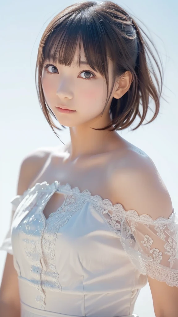 masterpiece, highest quality, Awareness-raising, Sax Blue, Platinum Earrings, Platinum Necklace, White Dress, One Girl, cute, (Dynamic Lighting:1.2), Cinematic lighting, Delicate facial features, Detailed eyes, Sharp pupils, Realistic students, Depth of written boundary, ボケ Depth of written boundary, Sharp focus, (Ultra-detailed, bloom, shine:1.4), Lots of little gems、 Green light