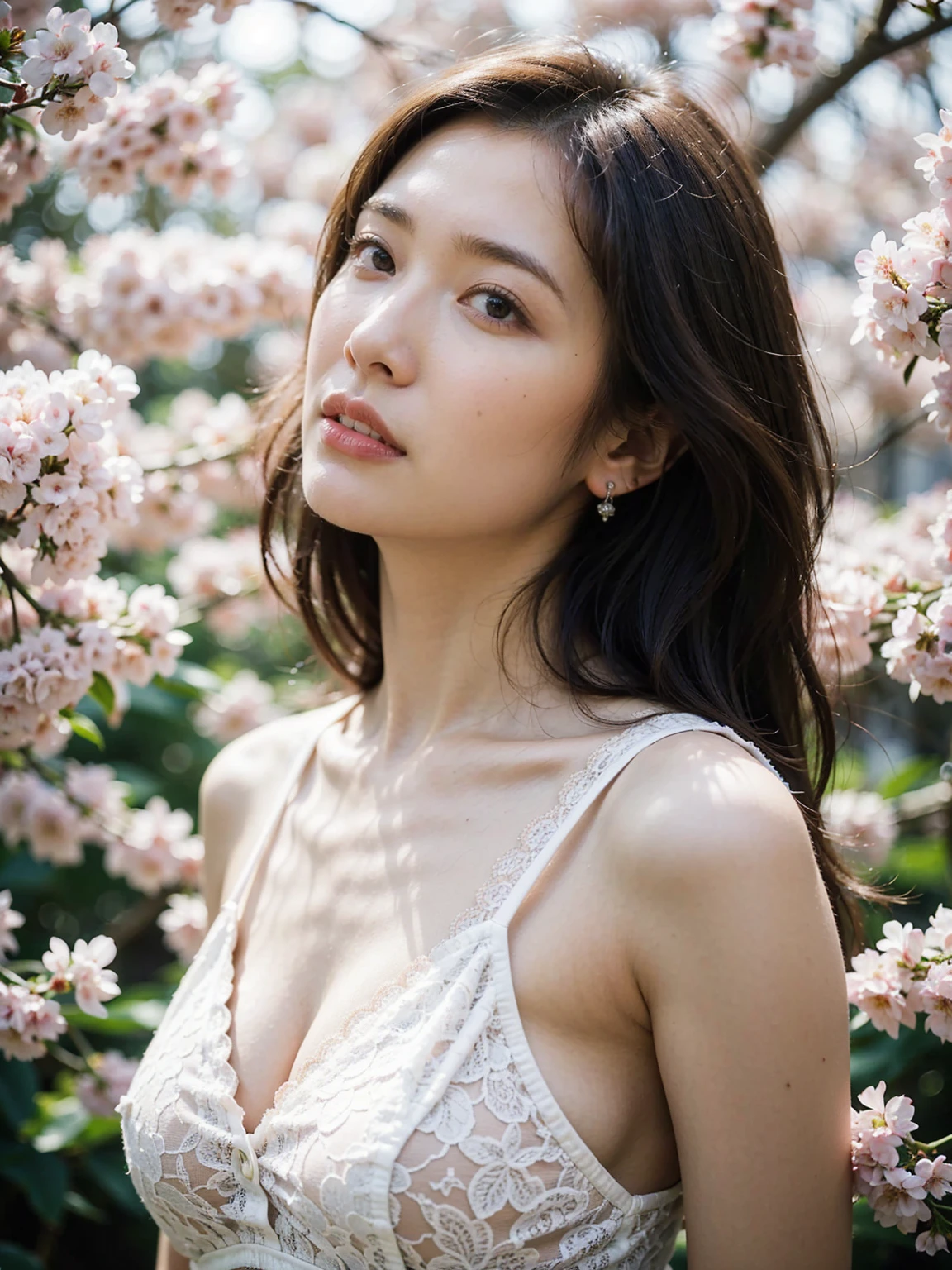 (highly detailed body, highly detailed face, best quality:1.2) ,A Woman, look at viewer, (Pink bra, Jeans), (Pink bougainvillea mess in background:1.4)