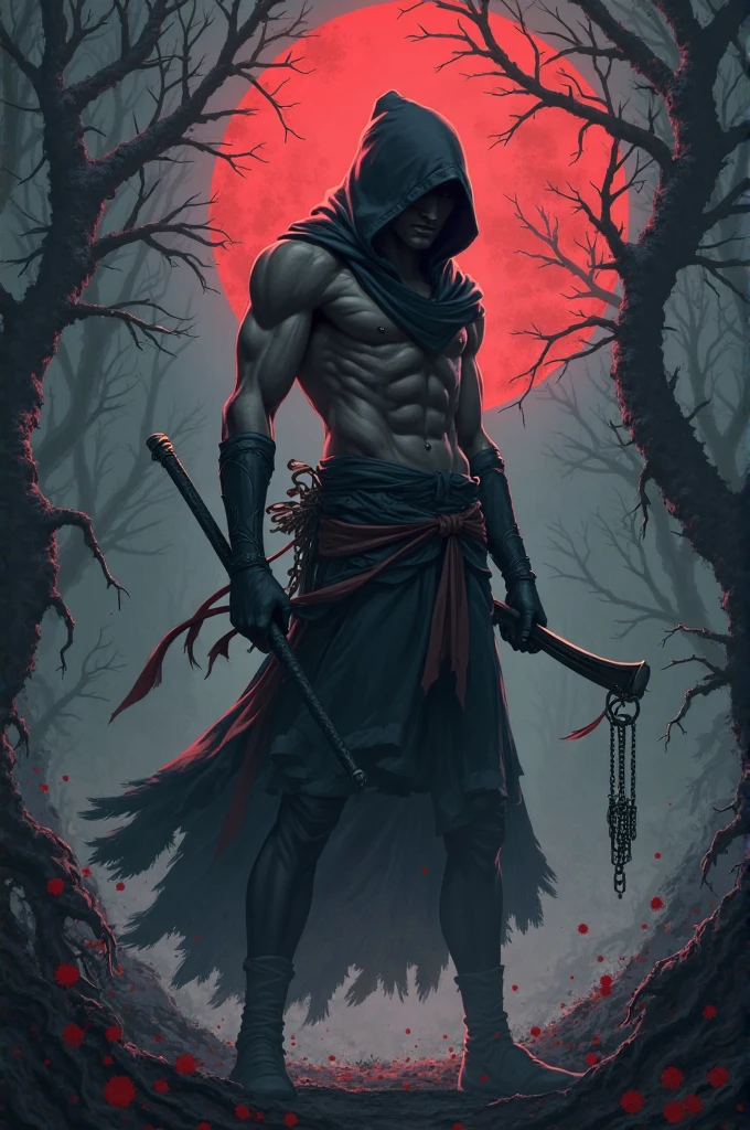 a man cloaked in shadows standing alone in a dark forest, surrounded by flying crows, a moon overlooking in the distance, the man is looking around for something, the man holding a giant scythe, covered in blood, realistic, cinematic, best quality, detailed background, depth of field, intricate details, dynamic pose, dynamic angle, sharp focus, soft lighting, vibrant colors, cinematic photography, volumetric lighting, film grain, hard shadows, chiaroscuro, filmic, subsurface scattering