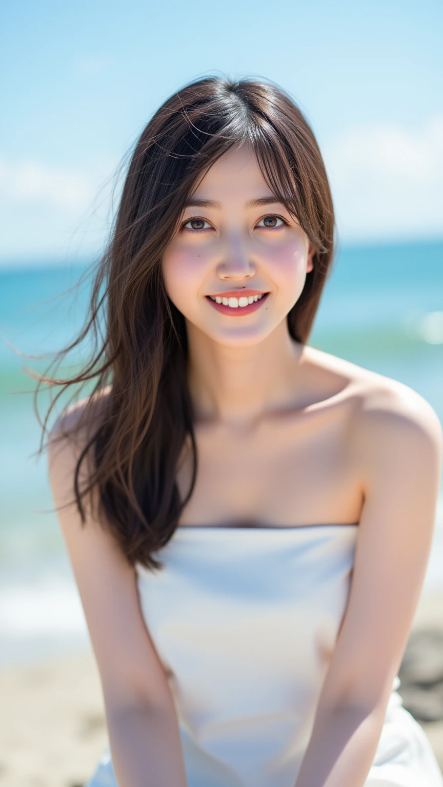 (((Top-down configuration:1.33)))、((No underwear:1.55))、One Girl、Beautiful and detailed eyes and face、barefoot、20 year old cute Japan woman, ((Extremely precise and accurate anatomy:1.0)), (photo Realistic:1.4), (hyper Realistic:1.4), (最高品質のRealisticな肌の質感:1.4), (Improvement of quality:1.4), (Enhances the beauty of skin texture:1.1), Clean and glowing skin, mesh, thin:1.2, (Realistic:1.3), Realisticなライティング, (Smoother lighting:1.05), (Improving the quality of cinema lighting:0.9), Backlight, A gentle light on your face, Ray Tracing, (Bright light:1.2), 32k, One Japanese woman, fine grain, Detailed face, (Film Grain:1.1),(Accentuates body lines:1.1), High resolution, Natural look, Kind eyes, Improves hair quality, Delicate light and shadow, Transparent muscles, Graceful pose, Beautiful Eyes, Sharp details, Soft light reflection, Beautiful contours, Delicate skin tone, Fine hair texture, Natural background, (((sunny day、Beach、A strong wind is blowing、Her hair and skirt are flying、Squat, Traditional navy blue sailor uniform、Open shirt、Pleated skirt、Scooping seawater with hands:1.25、splash、Sandy Beach、Light of the sun、clear blue sea、The waves crash quietly、Blue sky and white clouds、green mountain々、Beautiful Nature、The joys of youth)))、