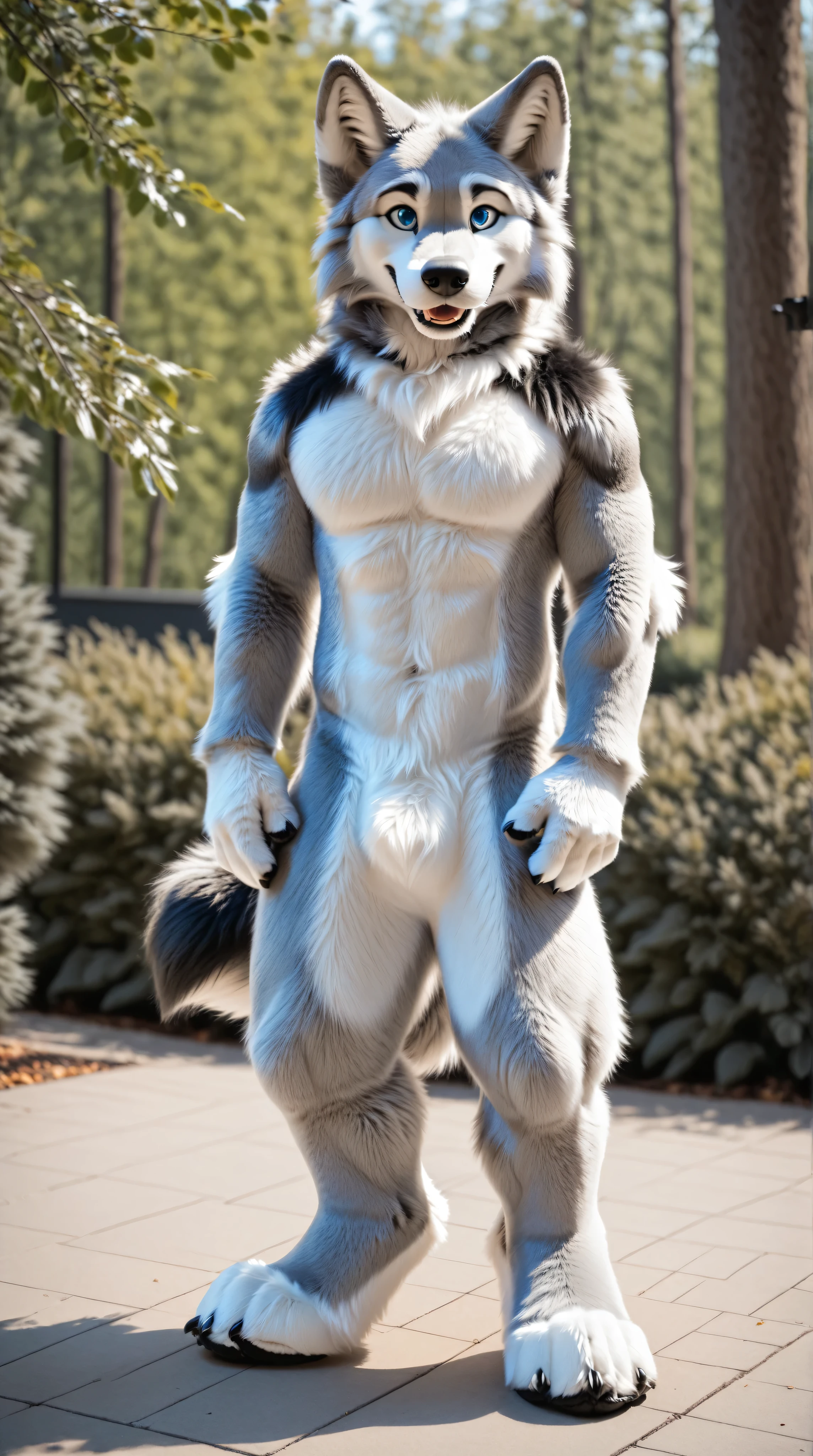 full body, fursuit, male, grey, grey limbs wolf, blue eyes, outside