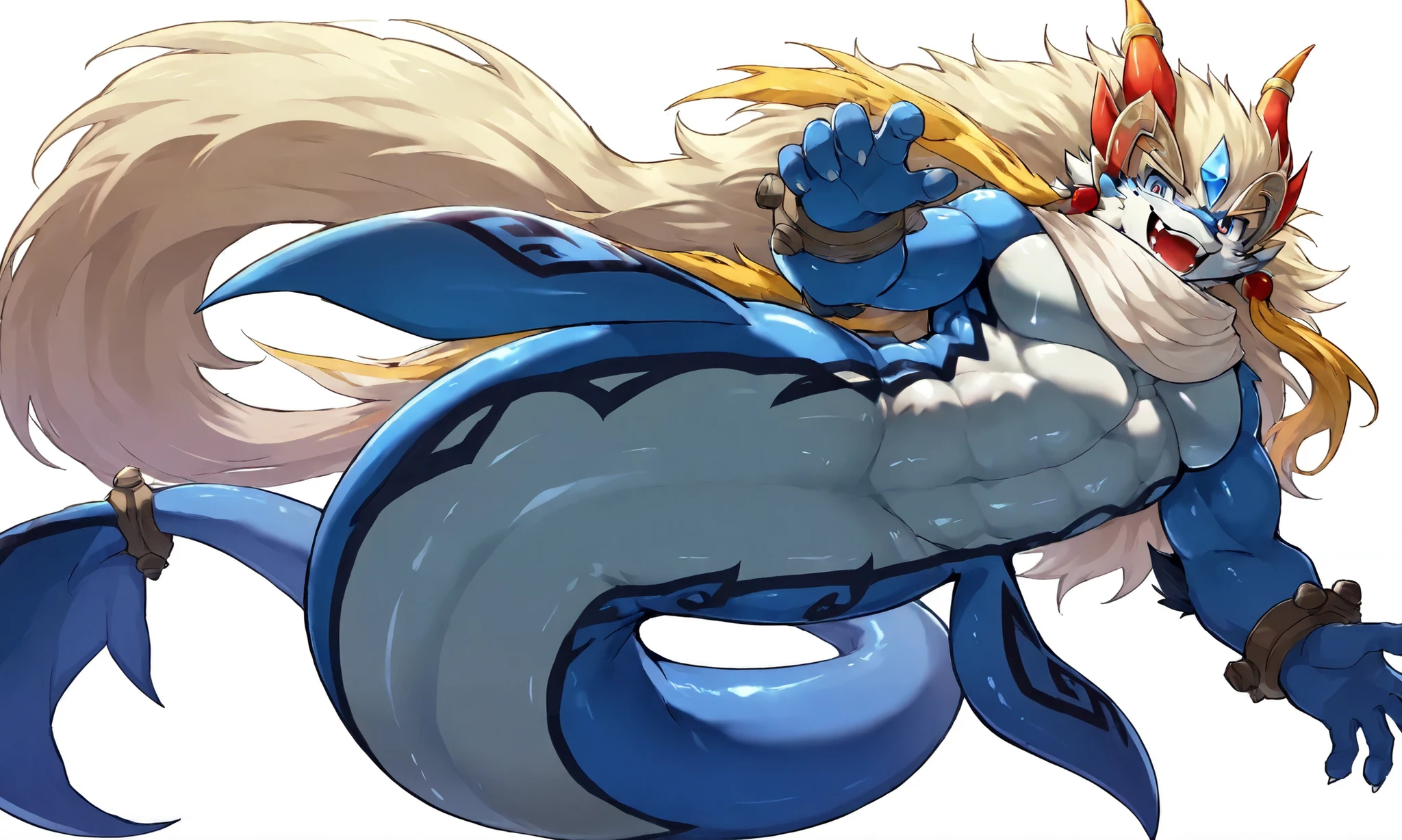 Shaorune, 1boy, solo, detailed eyes, detailed eyes, evil smile, looking at viwer, open mouth, heavy weight massive, wide pectral, long body, long tail, fins, no legs, glossy skin, full body, from below, white background