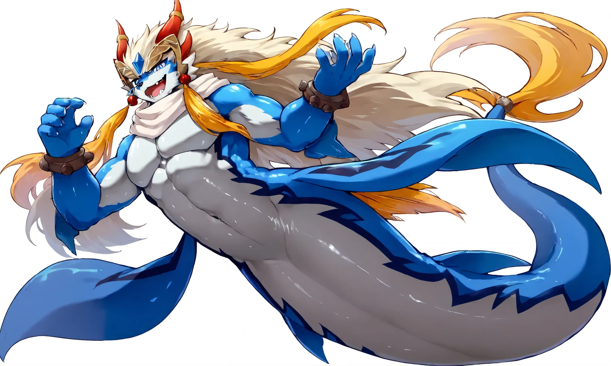Shaorune, 1boy, solo, detailed eyes, detailed eyes, evil smile, looking at viwer, open mouth, heavy weight massive, wide pectral, long body, long tail, fins, no legs, glossy skin, full body, from below, white background