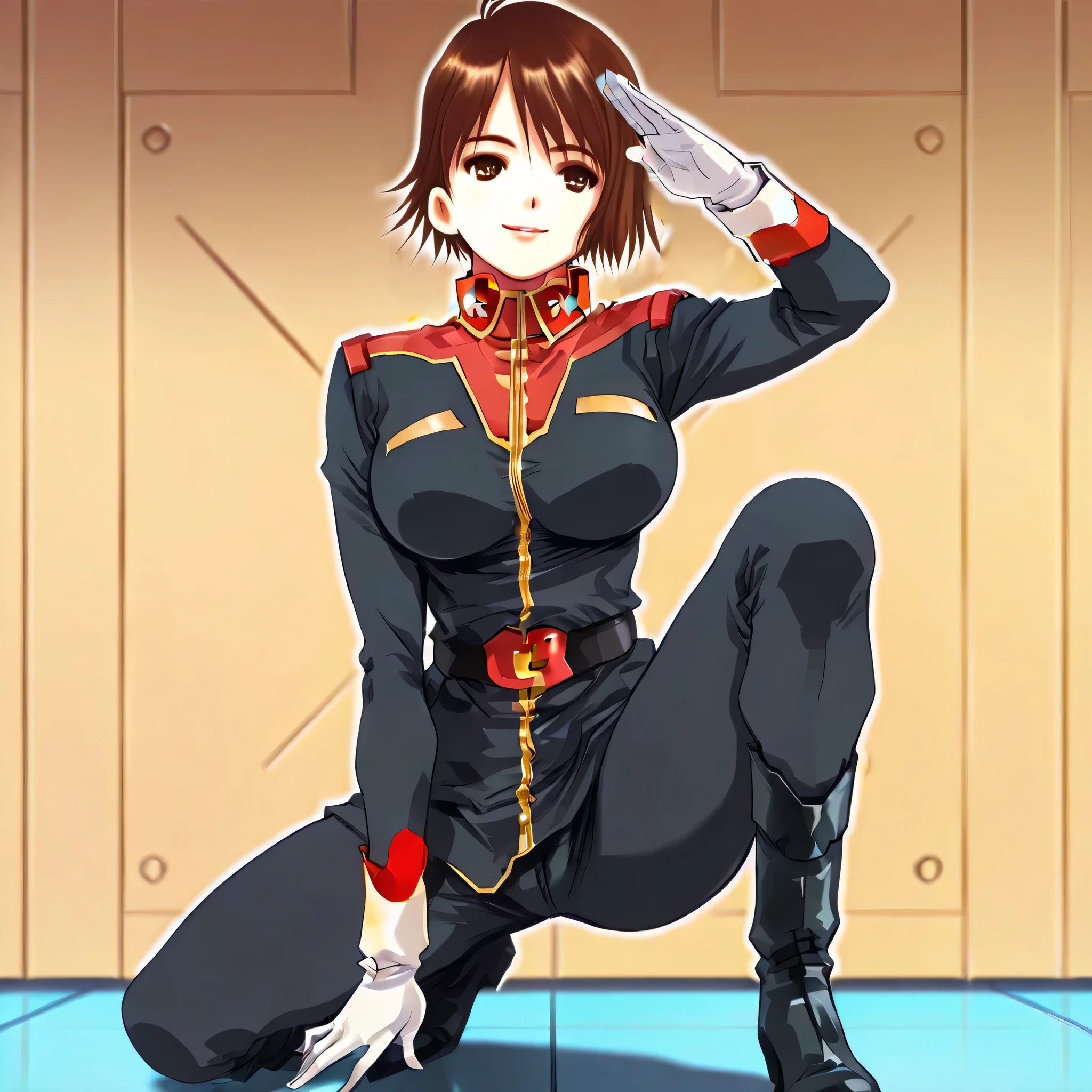Masterpiece, Best Quality, Highly detailed, illustration, absurdres, street fighter, doll suit, shadaloo doll, nazi saluting, military, military saluting, salute, 1 girl, solo, expressionless, emotionless eyes, looking at viewer, red gloves, emotionless, black latex, corrution, zofa suit, zofa soldier, mind control, female combatant, full body, hypnotized, standing, standing at attention, unhappy trance, full body suit, Noel Anderson , Gundam: Lost War Chronicles, brown eyes, brown-hair