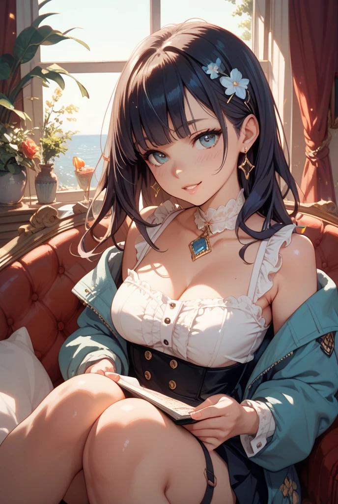 Mai sakurajima, hair flower, blue dress, grey eyes, light blue hair,large breasts, sexy,nsfw,
, 1 girl,seductive smile,(1 girl in the photo:1.5),(alone:1.5),(long black hair:1.1), beautiful purple eyes, (european style long dress:1.1), long sleeves,white legwear,white high heels
, potted planet,flowers, window,door,butterfly,tree,table,chair,sofa,book,tea, coffee,jar,
, dappled sunlight,ray tracing,dynamic angle, dynamic pose, chubby athletic body